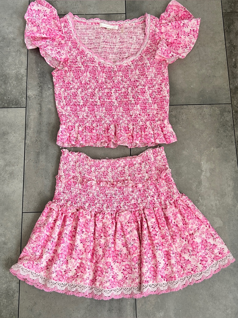 LoveShackFancy Floral smocked skirt set pink XS.